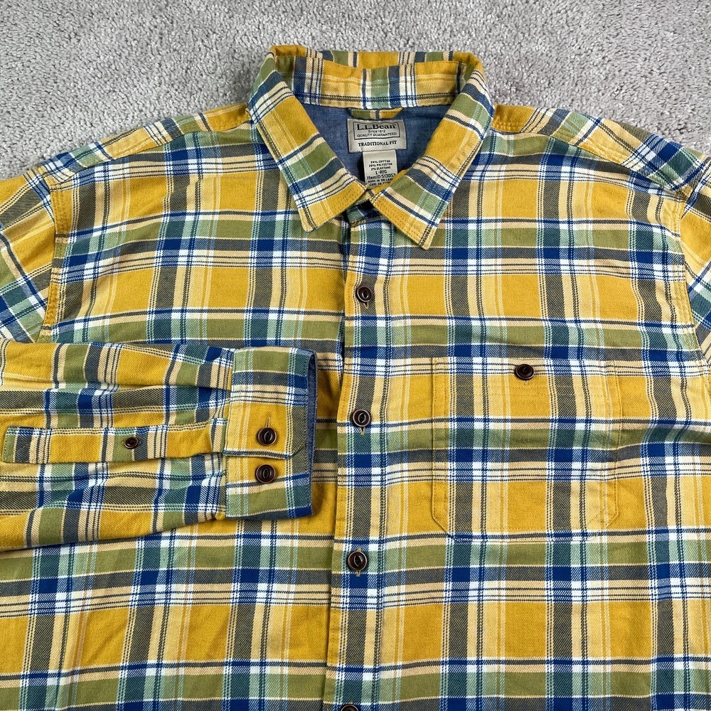 LL Bean Shirt Mens Large Yellow Plaid All Season Flannel Beanflex Traditional Fi